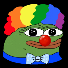 a green frog wearing a clown costume with a red nose and rainbow hair