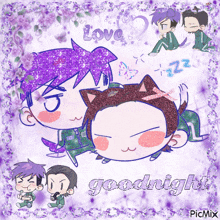 a purple background with cartoon characters and the words goodnight