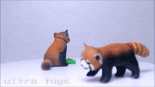 two stuffed animals , a red panda and a raccoon , are sitting on a table .