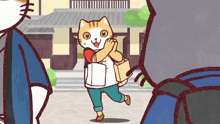 a cartoon of a cat carrying a backpack and a bag