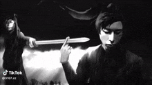a black and white drawing of a man holding a sword with tiktok at the bottom right
