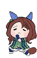 a cartoon drawing of a girl with brown hair and blue ears with her eyes closed