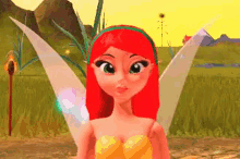 a cartoon fairy with red hair and wings is wearing a yellow dress .