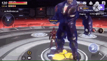 a screenshot of a video game shows a giant hulk and a smaller iron man