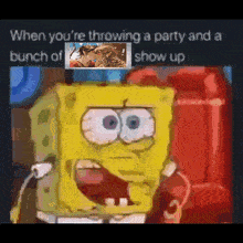 a cartoon of spongebob throwing a party and showing up