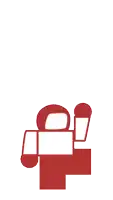a red and white drawing of a camera with a microphone on a white background
