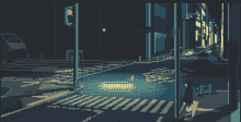 a pixel art of a crosswalk at night with a red x on the traffic light