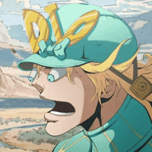 dio from jojo 's bizarre adventure is wearing a baseball cap with a bow on it .