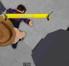a yellow sign that says victory is above a person with guns
