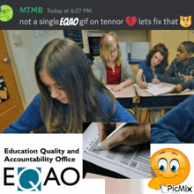 a picture of a girl sitting at a desk with the words eqao on the bottom right
