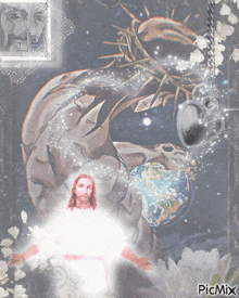 a picture of jesus with a crown of thorns on his head and the words the next day on the bottom right