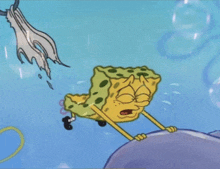 a cartoon of spongebob laying on a bubble in the ocean