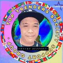 a picture of a man in a hat with the words top trenders society group support