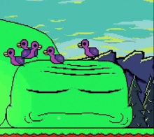 a pixel art drawing of a green monster with purple ducks sitting on it .