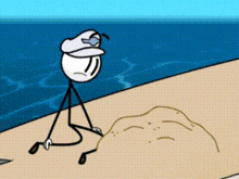 a stick figure is sitting on a beach with a pile of sand .