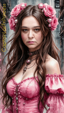 a woman in a pink dress has a crown of pink flowers on her head