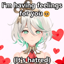 a girl with white hair and green eyes says i 'm having feelings for you ( it 's hatred )