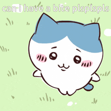 a cartoon cat is holding a hamburger with the words can i have a bite plsplspls below it