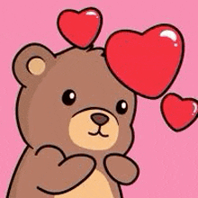 a cartoon teddy bear with two red hearts on its head .