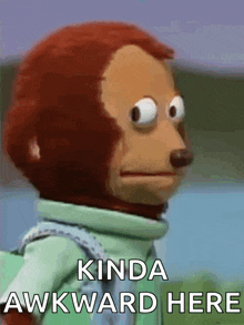 a stuffed monkey with the words kinda awkward here on it 's face .