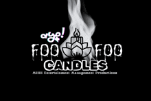 a logo for foo foo candles shows a burning candle on a black background