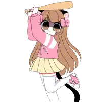 a girl with a bow on her head is holding a baseball bat over her head