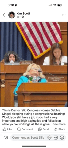 a woman is sleeping during a congressional hearing in front of a flag .