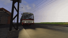 a red and white bus with the word trolley on the front