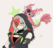 a drawing of a girl with a red mask and a pink monster on her head