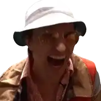 a man wearing a white hat and sunglasses is laughing