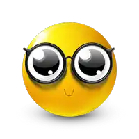 a yellow smiley face wearing black glasses with big eyes