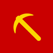 a red background with a yellow hammer on it