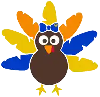 a cartoon turkey with blue and yellow feathers
