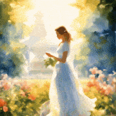 a painting of a woman in a white dress in a garden