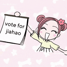 a girl with a flower in her hair is holding chopsticks and the words vote for jiahao are next to her