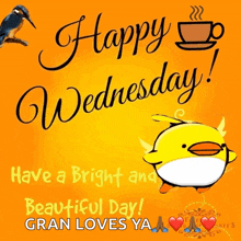 a happy wednesday greeting card with a duck and a bird