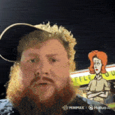 a man with a beard stands in front of a waffle shop sign