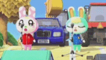 two rabbits are singing into microphones in front of a car and a truck .