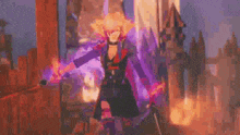 a woman is standing in front of a building with a purple light coming out of her hands .