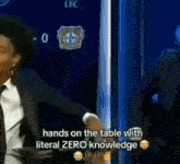 a man in a suit and tie is holding his hands on the table with literal zero knowledge .