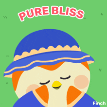 an illustration of a bird wearing a blue hat with the words pure bliss above it