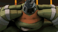 a teenage mutant ninja turtle has his tongue out