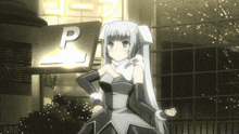 a girl in a dress is standing in front of a building with the letter p on it