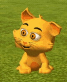 a yellow cartoon cat is sitting on a green field