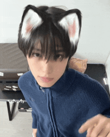 a person wearing cat ears and a blue jacket with the letter v on it