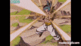 a cartoon character is flying through the air with a beam of light coming out of his mouth .