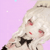 a girl with white hair and red lips is wearing a cat ears headband .