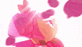 a cartoon character with a pink flower on her head is surrounded by pink flowers .