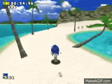 sonic the hedgehog is playing a video game on a beach .