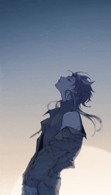 a drawing of a man with long hair looking up at the sky